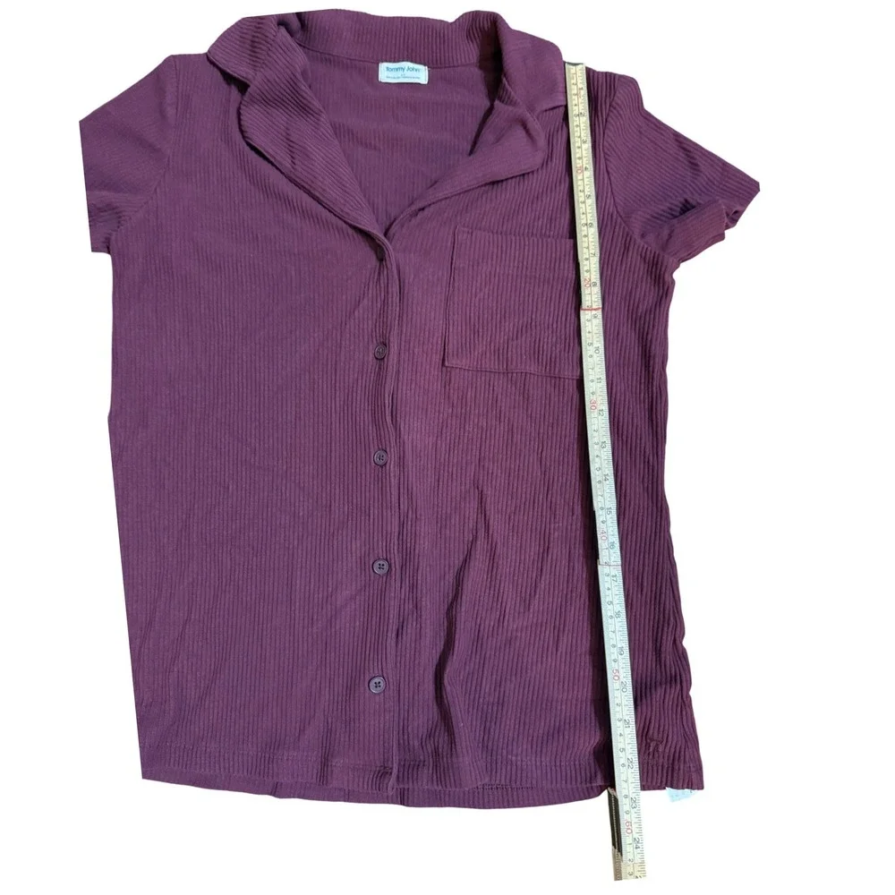 Tommy John Womens Plum‎ Ribbed Pajama Set Short Sleeve Button Top Pants Small